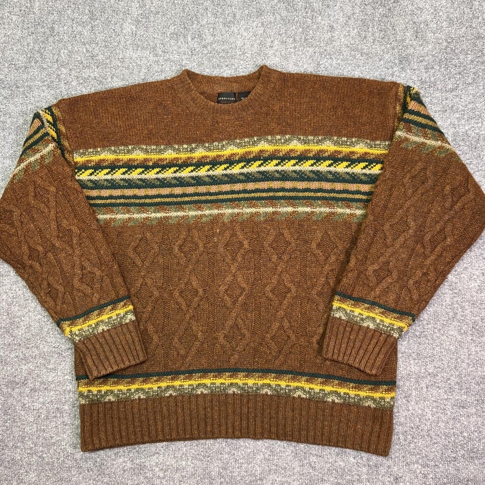 Vintage Structure Sweater Mens Large Brown 100% Wool Crewneck Cable Knit Retro